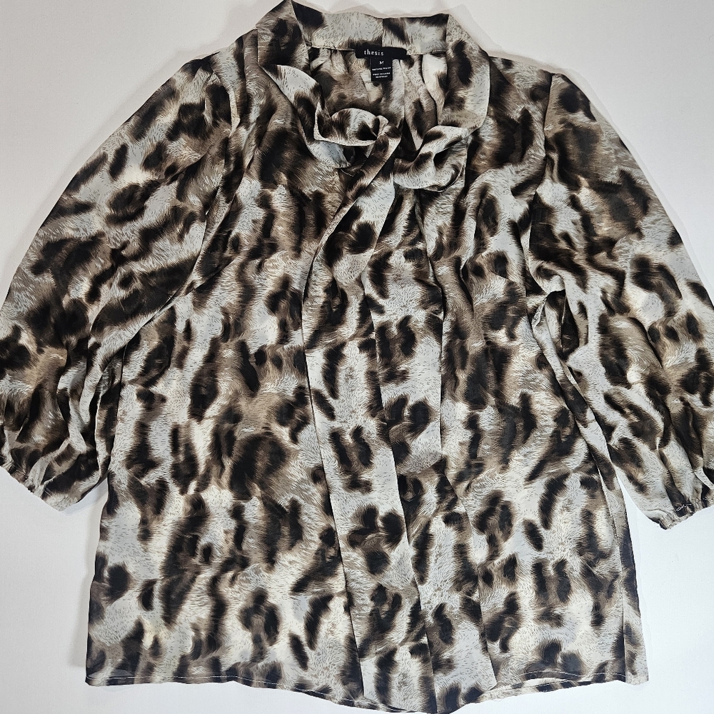 Thesis Blouse Womens Medium Animal Print Bow Neck Cocktail Party Dressy Top